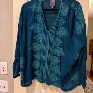 Johnny Was Teal Embroidered Blouse